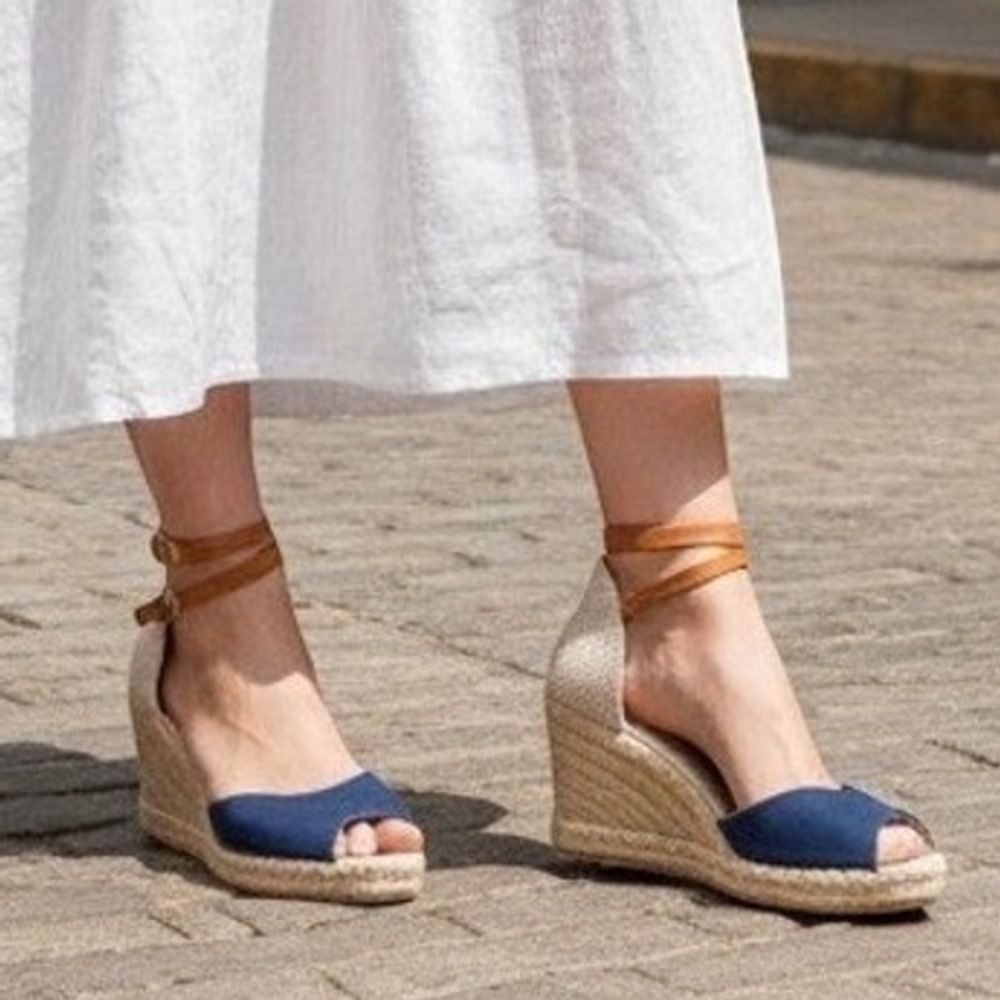 Kanna Navy Suede Espadrille Wedge Sandals Peep Toe 6.5 Made in Spain